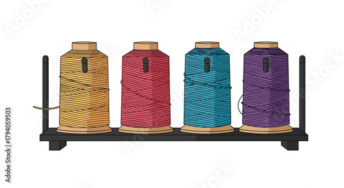 Four colorful spools of thread, including yellow, red, teal, and purple, neatly arranged on a dark stand, ready for sewing or crafting.