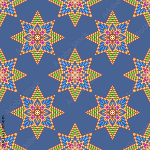 Glowing Eight-Pointed Tribal Stars
Eight-pointed tribal stars in neon hues glow on blue, offering symmetry and vibrant motion.