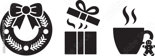 Set of Christmas icons silhouette. Vector collection including a festive wreath open gift box and a hot tea mug with gingerbread man. 
