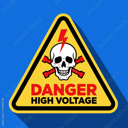 Danger high voltage sign, flat design with skull and lightning bolt