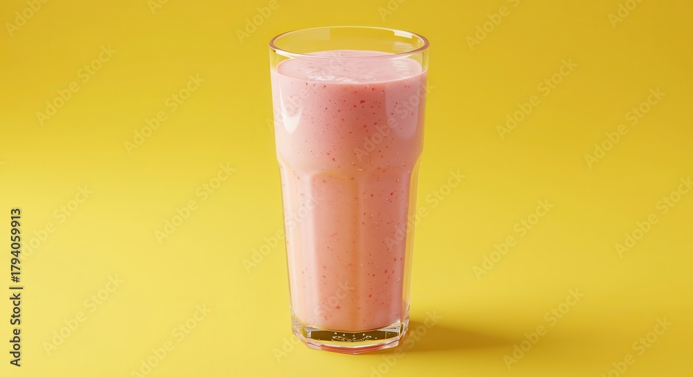 Fototapeta premium Tall clear glass filled with a pink, blended beverage sits against a bright yellow background