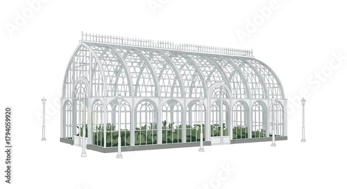 An elegant, detailed illustration of a classic glass greenhouse filled with green plants, flanked by decorative lampposts.