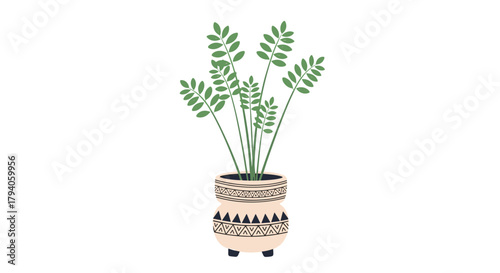 A minimalist illustration of a vibrant green houseplant with multiple leafy stems, planted in a decorative beige pot with tribal patterns, standing on a white background.