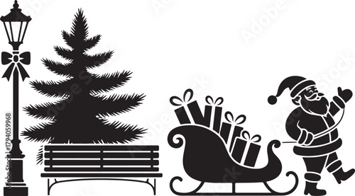 Set of Christmas scene elements silhouette. Vector collection with Santa Claus pulling his sleigh park bench and decorated lamppost