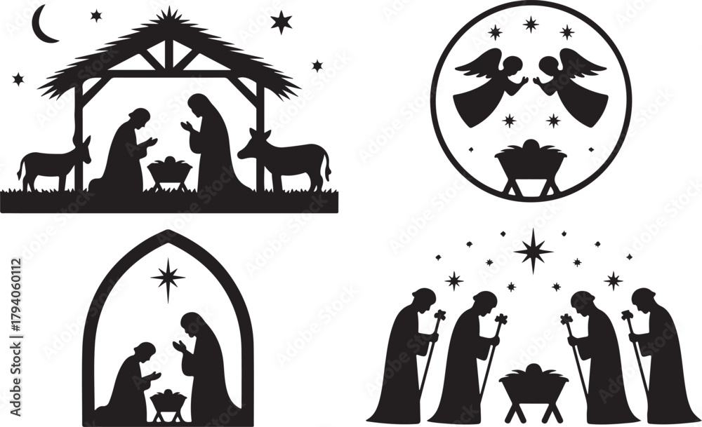 Fototapeta premium Set of four silhouetted nativity scenes for Christmas showing Joseph and Mary, Wise men and angels at the crib of the Christ child, black and white vector illustration