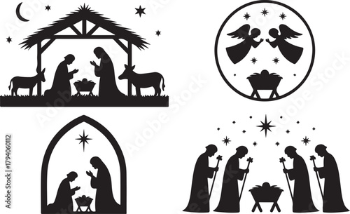 Set of four silhouetted nativity scenes for Christmas showing Joseph and Mary, Wise men and angels at the crib of the Christ child, black and white vector illustration