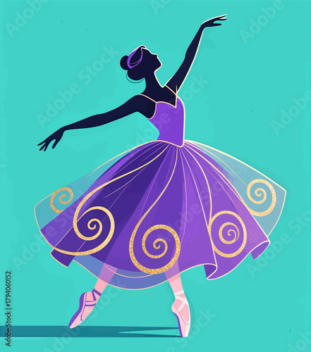 Elegant ballerina in purple dress, minimal illustration, isolated