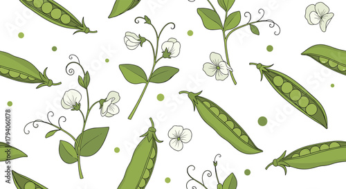 Fresh green pea pods, white pea flowers, and lush pea plants create a vibrant, hand-drawn seamless pattern on a clean white background.