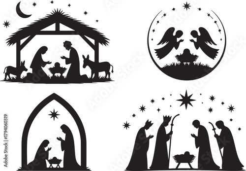 Set of four silhouetted nativity scenes for Christmas showing Joseph and Mary, Wise men and angels at the crib of the Christ child, black and white vector illustration