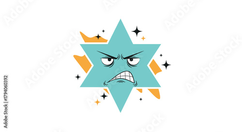 An angry, teal six-pointed star with a cartoon face grimaces, surrounded by abstract orange shapes and sparkling elements on a white background.