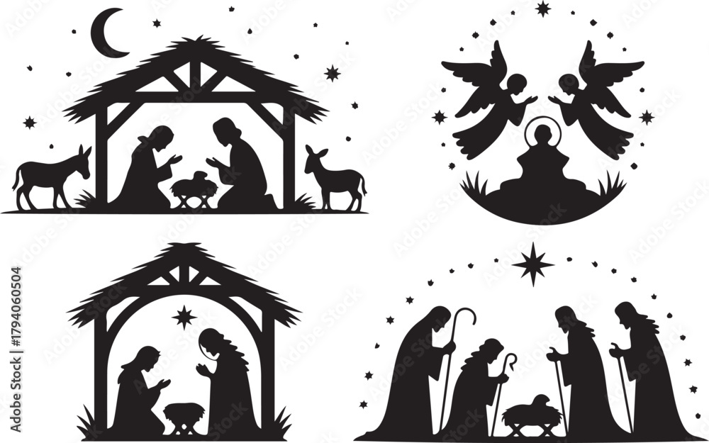 Obraz premium Set of four silhouetted nativity scenes for Christmas showing Joseph and Mary, Wise men and angels at the crib of the Christ child, black and white vector illustration