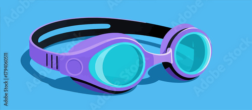 Flat design purple swimming goggles with turquoise lenses isolated