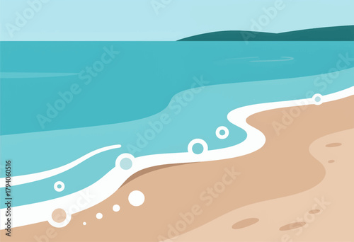 Flat illustration of a serene beach scene with waves and sand