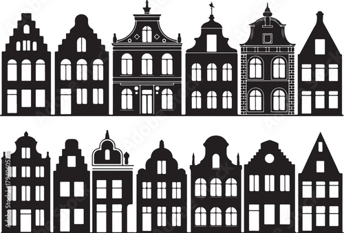 Set of laser cut Amsterdam style houses. Silhouette of row typical dutch view at Netherlands. Stylized facades of old buildings. Wood carving vector template. Background for banner, card. Wood carving