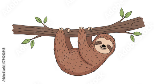 A cute cartoon sloth hangs peacefully upside down from a tree branch with green leaves, enjoying a relaxing moment in nature.
