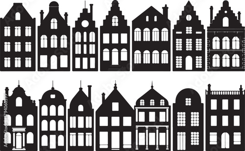 Set of laser cut Amsterdam style houses. Silhouette of row typical dutch view at Netherlands. Stylized facades of old buildings. Wood carving vector template. Background for banner, card. Wood carving