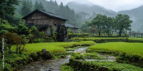 Picturesque Japanese Village Scene with Traditional House and Lush Green Rice Fields.