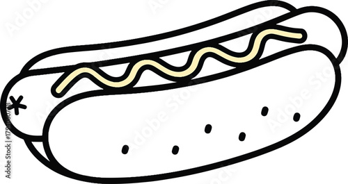 Simple Illustration of a Hot Dog with Mustard on a Bun A Delicious and Classic Food Item for Restaurants, Menus, and Culinary Designs