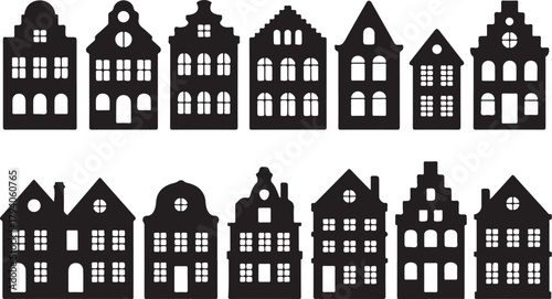 Set of laser cut Amsterdam style houses. Silhouette of row typical dutch view at Netherlands. Stylized facades of old buildings. Wood carving vector template. Background for banner, card. Wood carving