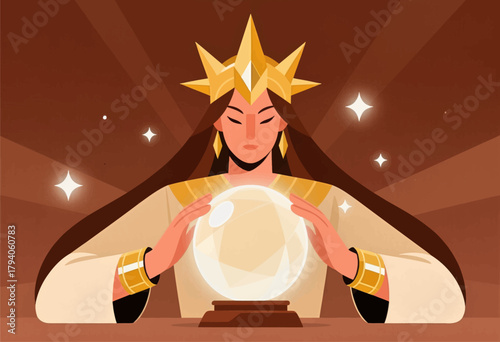 Fortune teller with crystal ball vector illustration, mystical scene, flat design