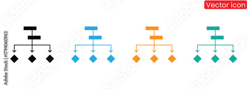 Flowchart showing hierarchy and relationships in multiple vibrant colors,Info graphic template for organization hierarchy chart with business avatar icons. vector info graphic for business.