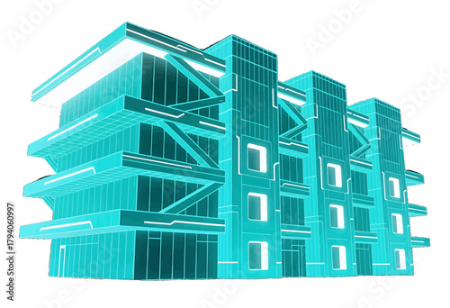 Futuristic 3D Wireframe Building Model in Blue