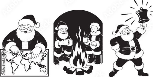 Set of Santa Claus silhouette icons. Vector collection of Christmas characters planning journey and celebrating holiday with Mrs Claus