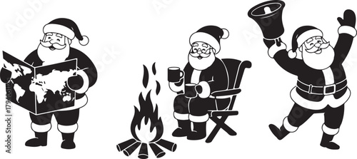 Set of Santa Claus silhouette icons. Vector collection of Christmas characters planning journey and celebrating holiday with Mrs Claus