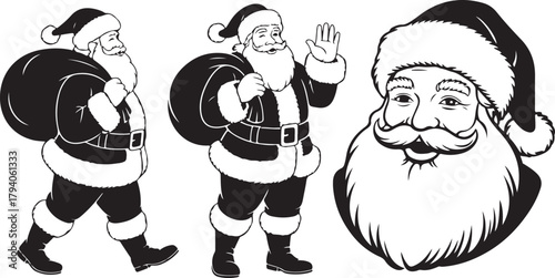 Set of Santa Claus silhouettes. Vector collection of black Christmas character icons in different poses with a gift sack