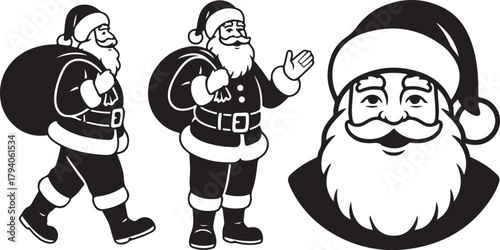 Set of Santa Claus silhouettes. Vector collection of black Christmas character icons in different poses with a gift sack