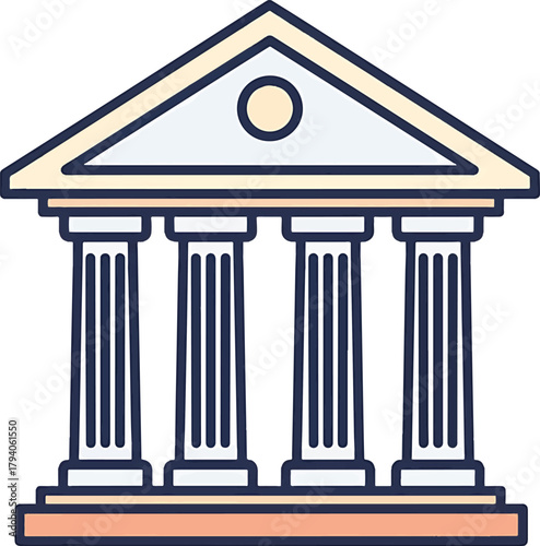 A stylized illustration of a building with a triangular pediment and four columns, resembling a courthouse or governmental institution