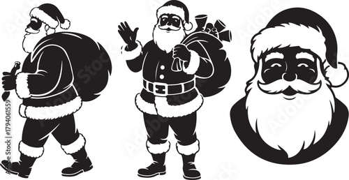 Set of Santa Claus silhouettes. Vector collection of black Christmas character icons in different poses with a gift sack