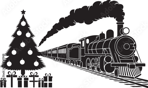 Silhouette Christmas Tree with Steam Train and Presents – Holiday Winter Scene Vector