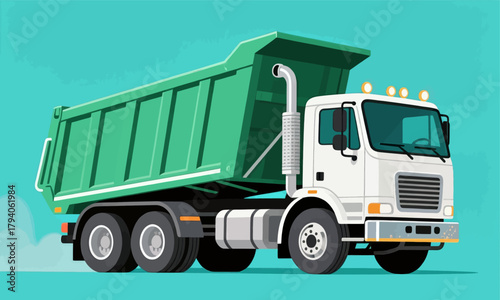 Green dump truck vector illustration, modern cartoon style, side view