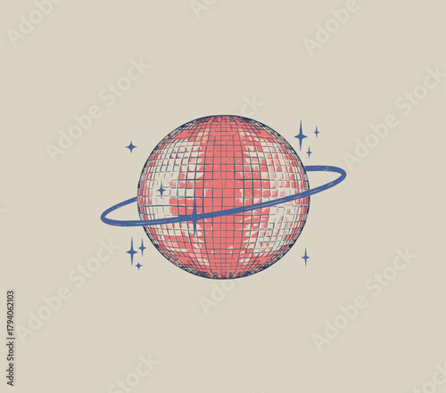 Retro Disco Planet Graphic.Vintage Space Disco Ball.Groovy Cosmic Party Art.Distressed Saturn Illustration.Retro Futuristic Party Vibe