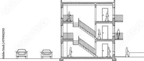 Architectural section drawing of modern building with staircase, doors, and walking people, detailed technical structure vector design illustration for construction