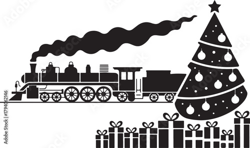 Silhouette Christmas Tree with Steam Train and Presents – Holiday Winter Scene Vector