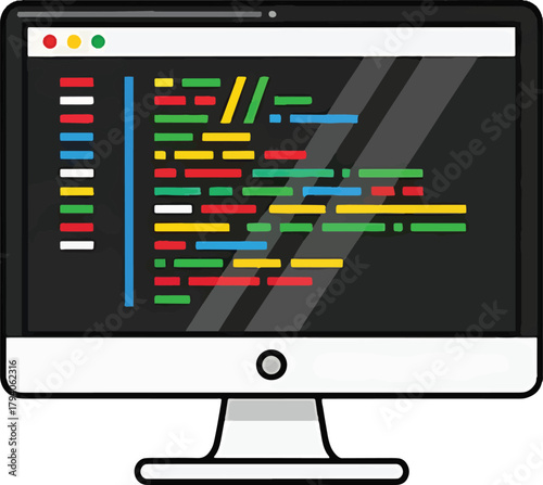 Vector illustration of a modern computer monitor displaying colorful lines of programming source code for software development or web design