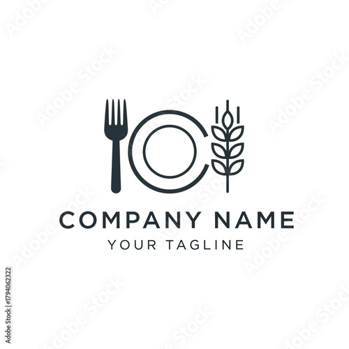 Minimalist logo design featuring a fork plate and wheat stalk.