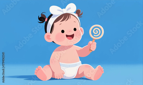 Happy baby with lollipop, cute cartoon illustration on blue background