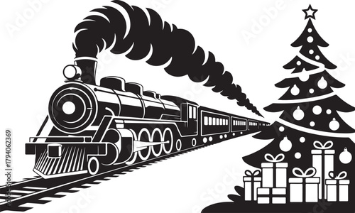 Silhouette Christmas Tree with Steam Train and Presents – Holiday Winter Scene Vector