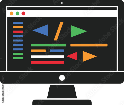 Vector illustration of a black computer monitor with colorful code on the screen, ideal for software development, coding, programming, and technology