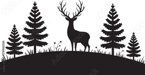 Silhouette of a deer with pine trees and forest