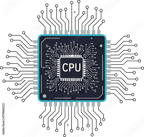 Central Processing Unit (CPU) chip, the brain of a computer, is illustrated with intricate circuitry and pins, signifying advanced technology and digital processing power
