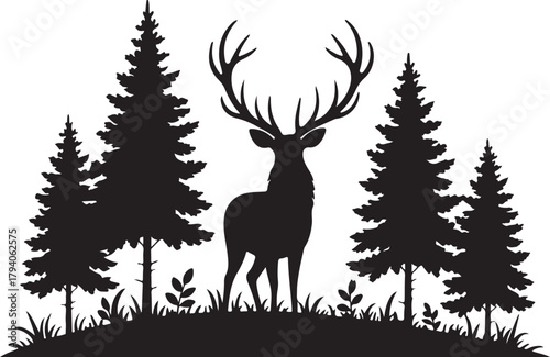 Silhouette of a deer with pine trees and forest