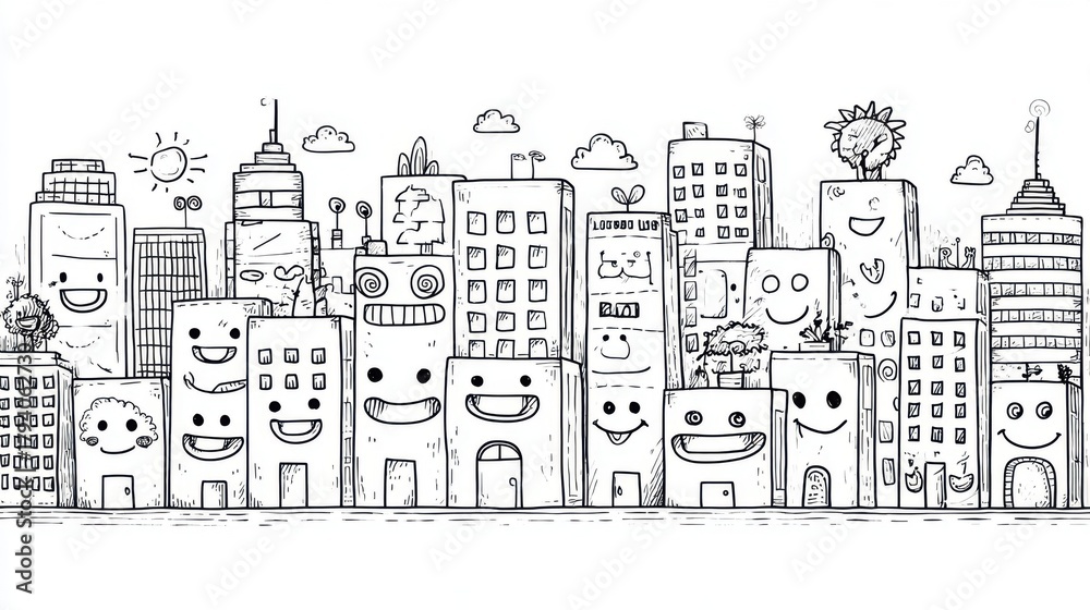 Fototapeta premium Whimsical Cityscape with Smiling Buildings and Playful Characters in a Black and White Sketch Style
