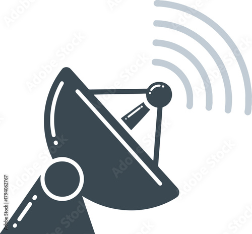 Vector illustration of a modern satellite dish actively transmitting signal waves, symbolizing global connectivity, advanced communication, and digital broadcast technology solutions