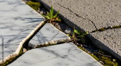 Close-up of cracked pavement with small green plants and moss growing between the stones on a sunny day