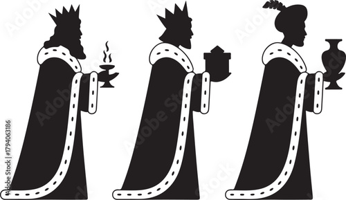 The Three Wise Men silhouette. Biblical Magi walking with gifts for Jesus. Christian Christmas and Epiphany story vector illustration of Melchior Caspar and Balthazar