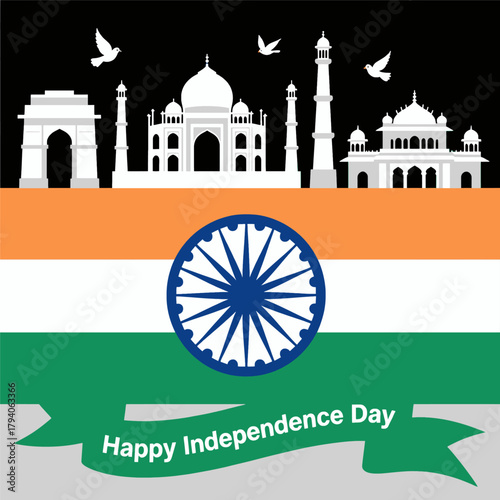 Indian Independence Day illustration, iconic monuments in minimal style